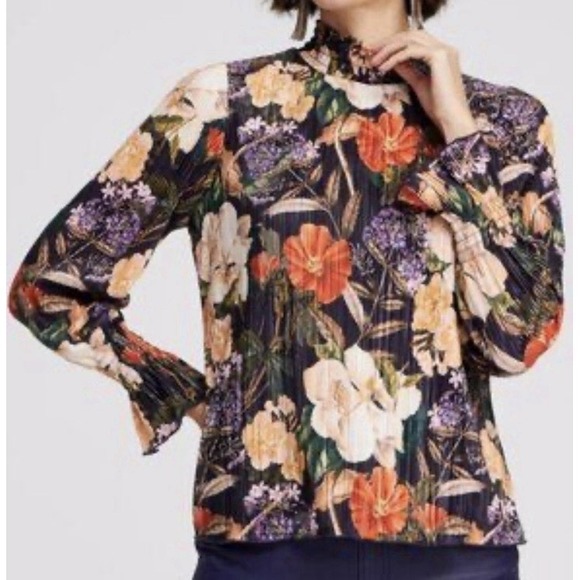 Chico's Tops - Chico's Womens 4 XXL Dark Purple Floral Pleated Blouse Long Sleeve Mock Neck Top